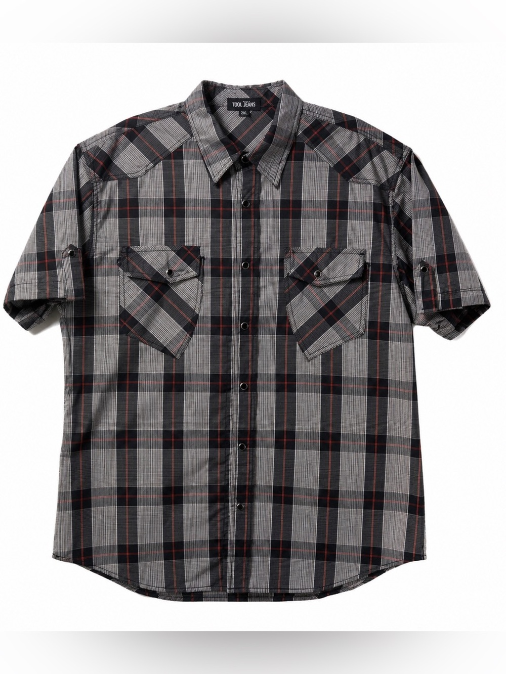 TOOL JEANS,RED,BLACK & WHITE PLAD,SHORT SLEEVE,MEN,SNAP FRONT SHIRT.SIZE-2XL.